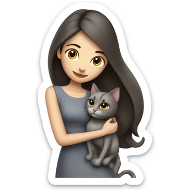 Beautiful skinny woman long dark brown hair in dress hug grey cat sticker