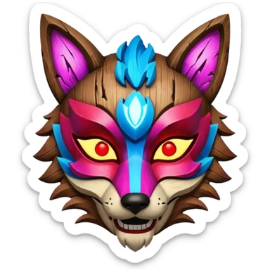 Ancient wooden mask, broken in half, luminous and neon with red, blue, and pink fox-like glow. Fragments of the mask scattered around. sticker