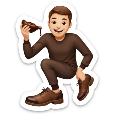 Man laughing with chocolate sauce on shoe sticker