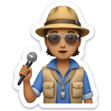 Icon for Documentary Film: A TV-style design with a traveler speaking in front of ancient ruins. Include details like a microphone, the traveler in casual explorer attire, and the ruins in the background. Capture the atmosphere of an informative journey through history. Transparent background. sticker