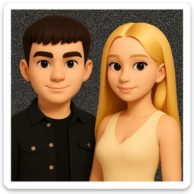 Slightly increase the volume of the upper body of the girl, separate the girl and the boy from each other, make the skin color the same for both characters, while preserving the cartoonish 3D style as in the reference image. sticker