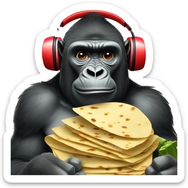 Gorilla, wearing red headphones and eating tortillas in a desert with cacti sticker