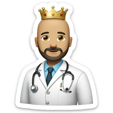 Bald tan male doctor with a crown and black beard and a crown sticker