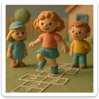 Children playing hopscotch in a yard, claymation style, pastel colors, visible fingerprints, matte plasticine texture. sticker