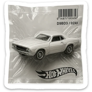 white 1971 Dodge Challenger Hot Wheels toy car, shiny and inflated, inspired by the movie 'Death Proof' sticker