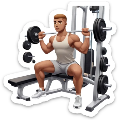 A focused athlete working out on a strength training machine in a modern gym. Muscles engaged, expression determined, demonstrating power and endurance. The gym is filled with equipment like dumbbells, barbells, and mirrors reflecting effort, creating a high-energy atmosphere. sticker