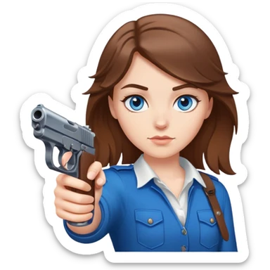 White girl brown hair blue eyes holding gun at you sticker