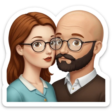 Couple. Bald man with dark brown-black beard. White woman with many small, faded freckles, she has white skin and she has auburn-brown-cinnamon, dark long hair. She has light brown eyes. The man have hazel eyes and glasses. She don’t wear glasses. Retro style. She kisses him. sticker