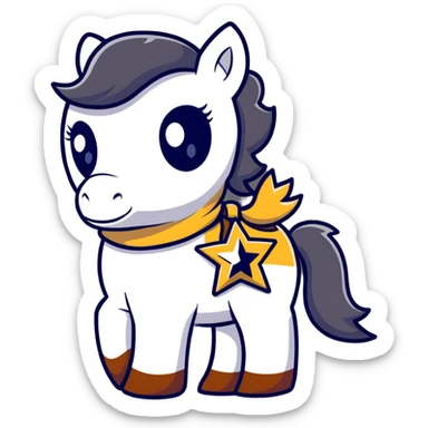 A cartoon stuffed pony with a sheriff star on its saddle blanket sticker