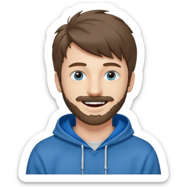 20 year old man, short scruffy beard and thin moustache, brown puffy mullet, blue eyes, big smile, white teeth, big lips, pronounced jaw, hair longer in back, sticking up on top, thin face, grey hooded sweatshirt, pale skin, big smile, blue eyes, puffy hair that is long in back sticker