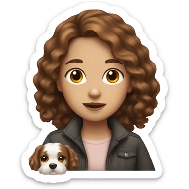 Girl with brown wavy hair with a little white dog sticker
