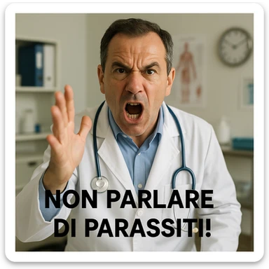 realistic image of an angry Italian doctor saying 'NON PARLARE DI PARASSITI!' with expressive gesture, medical setting sticker