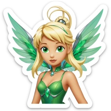 Isolated, 3D rendering, Tinkerbell with futuristic cyberpunk style and colors, ultra detailed wings, flying above the fluffy clouds near the moon, blonde long shiny hair,  emerald green eyes, still life, vivid colors, full view. sticker