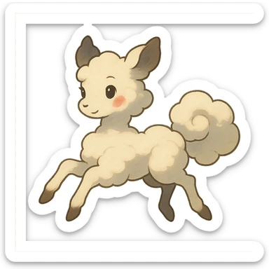 vanilla cloud doe with rosy cheeks, floating gracefully with witch-like elegance, brand identity mascot for social media, Ghibli style sticker