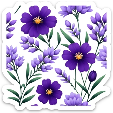 "A collection of dark violet and light lavender flowers in a botanical style."
 sticker