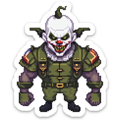 evil clown soldier, bald, short black devil horns on forehead, fangs, pointed ears, black and military green clothes, realistically proportioned, bulky and muscular, full body, fighting stance sticker
