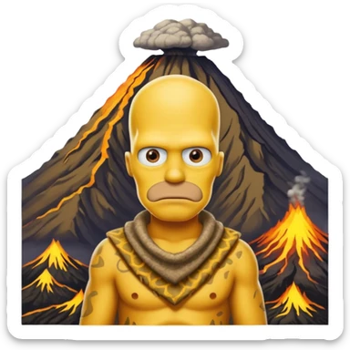 a simpson guy wearing ancient animal skin cloth with volcano behind, half body, icon sticker