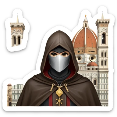 icon featuring Assasin's Creed in an iconic assassin's hood, standing tall against the backdrop of Florence. The design captures the essence of adventure, with intricate details of historical architecture and a sense of mystery. The character is poised, ready for action. transparent background. sticker