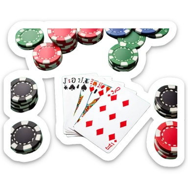 A photorealistic icon featuring playing cards and a stack of poker chips on a green felt table. Bright, detailed design with realistic textures and lighting. Transparent background, clearly symbolizing card games and strategy. sticker