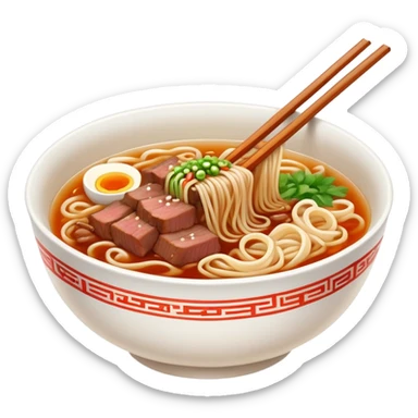 Lanzhou hand-pulled noodles with beef and clear broth, simplified emoji style with bold outlines and bright colors, cartoon style traditional Chinese lamian in bowl sticker
