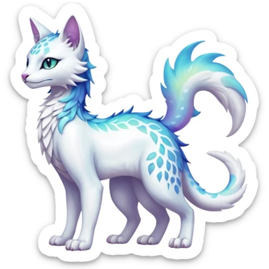 Kawaii white iridescent beautiful pretty elegant divine edgy fantasy feline-vernid-fionbri-sergal-fursona animal creature with a tufted tail full body with intricate markings  sticker