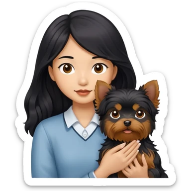 A couple holding a small Yorkshire Terrier together. The girl is Asian with long, luscious wavy black hair (loose, no hair tie). She is standing beside a brown-skinned man with a short middle part haircut sticker