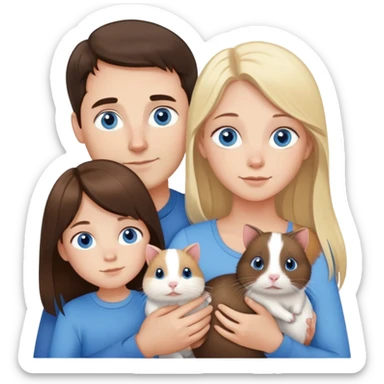 Family portrait with father with dark brown hair and blue eyes, mother with light brown hair and blue eyes, three blonde little girls with blue eyes, plus a cat and two guinea pigs sticker