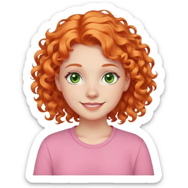 smiling pale girl with curly orange hair, green eyes, pink shirt sticker