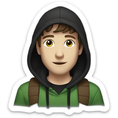 Man wearing black hoodie, black and green snapback hat, brown hair, brown eyes, pale skin, giving peace sign sticker