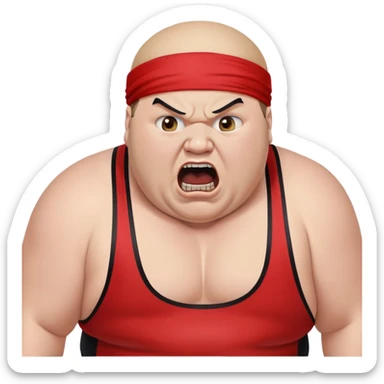 Extreme close-up of face of morbidly obese white skin guy with young face, prominent BLACK DURAG tied clearly on head, black beard but no mustache, clean shaven upper lip, black eyes in a red and black wrestling singlet with mouth wide open screaming angrily sticker