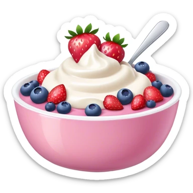 pink yogurt bowl with fruit sticker