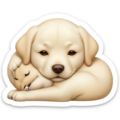 Meme-Worthy Cute Sleeping Cream Labrador Portrait Emoji, Head resting peacefully with a contented smile, showcasing a delightfully sturdy build and a luxuriously soft cream Fur, eyes shut in a serene nap, Simplified yet hilariously adorable features, highly detailed, glowing with a soft, drowsy light, high shine, relaxed and utterly lovable, stylized with an air of playful laziness, bright and heartwarming, soft glowing outline, capturing the essence of a comically sleepy companion, so meme-worthy it feels like it could instantly become the next viral sensation of adorable slumber! sticker