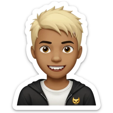 Black Male Teenager with Short punk messy blonde hair, Dark brown bushy eyebrows large expressive golden-brown eyes, wearing a plain white t-shirt, Dark Brown skin color. vampire tooth sticker