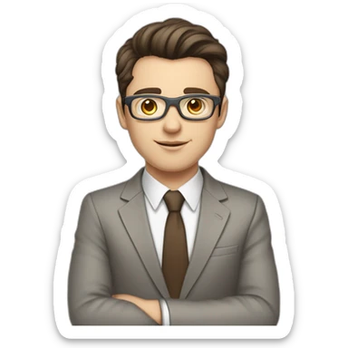 Pale skinned fit man with dark brown hair in gray jacket, beige office shirt, brown tie, brown pants and vintage glasses Writing text on a marker board sticker