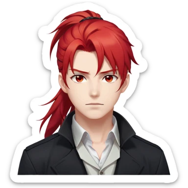 Handsome gorgeous anime man with bright-red hair, thick long ponytail, red eyes, white shirt, black jacket, stone face, Diluc, Genshin Impact sticker
