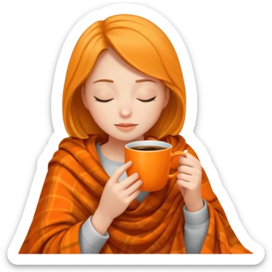 girl inside a blanket sipping coffee eyes closed ,make coffe cup orange sticker