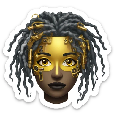 black metal female cyborg head with circuitry and yellow gold curly hair sticker