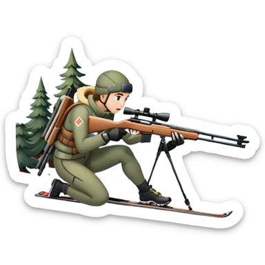 An icon showing a snowy landscape with pine trees, mountains, and a clear sky with a biathlete aiming a rifle in the foreground, wearing winter gear and skis. Transparent background emphasizes the precision, endurance, and beauty of this winter sport. sticker