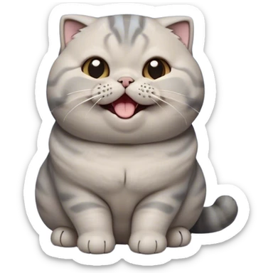 Cinematic Cute Chubby Grey Scottish Fold Cat Portrait Emoji, Head tilted playfully and yawning, round and plump body with sleek soft grey fur and subtle blue undertones, adorable folded ears, Simplified yet adorable features, highly detailed, glowing with a warm, friendly glow, high shine, curious yet calm, stylized with a touch of whimsy, bright and endearing, soft glowing outline, capturing the essence of a mischievous yet loving and lazy kitty with those signature folded ears, so cute it feels like it could stretch out of the screen and cuddle! sticker