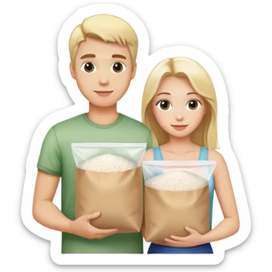 Blonde guy and blonde girl holding a plastic bag of white rice sticker
