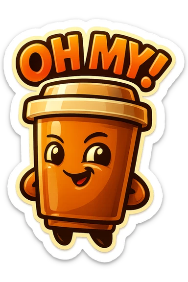Tall coffee cup, mischievous smirk, looking sideways, big "Oh My!" sticker