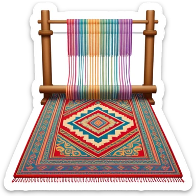 Carpet weaving icon, finished woven carpet with intricate patterns, colorful threads, weaving loom in background, minimalistic style, clean lines, transparent background. sticker