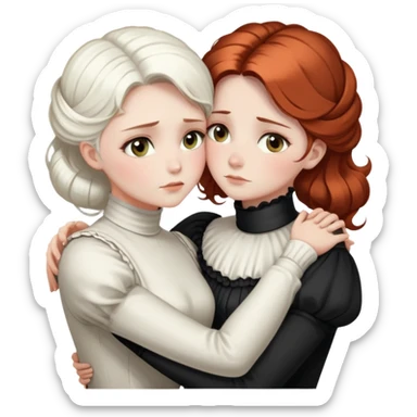 Two Victorian women with light eyes, one with bright pure white coiffed hair and one with dark copper coiffed hair, wearing Victorian turtleneck dresses, embracing each other in a sad, intimate hug sticker