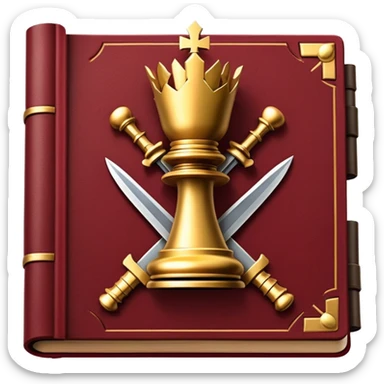 A dark crimson red book with black and gold details, a rugged leather texture, and an emblem of crossed swords, a knight chess piece, radiating strategy, discipline, and the art of power number 33 sticker