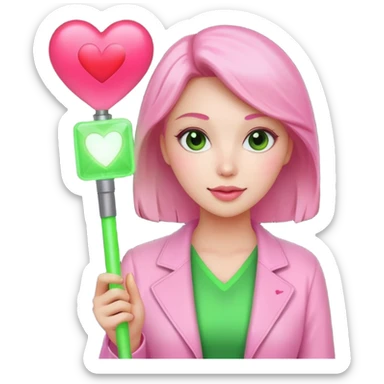 A lovely woman in pink with a square green light stick and with heart sticker