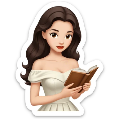 Beautiful woman in 1950’s woman fashion look, off-shoulder white dress, long dark brown hair, reading  sticker