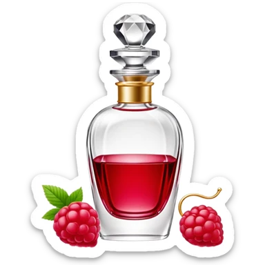 AVON women's perfume bottle next to a raspberry-shaped bottle sticker