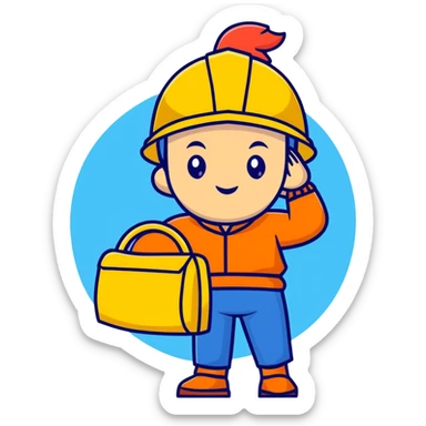 Man of Chinese appearance wearing an orange helmet with a yellow hat visible sticker