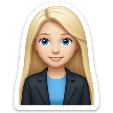 A white girl with long straight blonde hair, blue eyes and a white dress with a smiling black jacket sticker