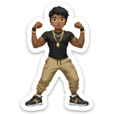full side body view of muscular teen boy with veiny hands arms and biceps. has messy black hair with dark-tan skintone with black tshirt. has gold chain and nike shoes with baggy pants sticker